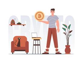 Cryptocurrency concept. A man holds a bitcoin in the form of a coin in his hands. Character in modern trendy style. vector