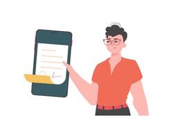 The guy is holding a document. Smart contract. Data protection. Modern style character. vector