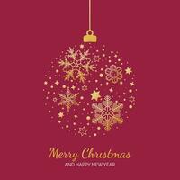 Merry Christmas and New Year card with gold hanging ball decoration on Viva Magenta color background vector