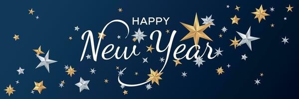 Happy New Year surprise card with gold and silver stars on dark blue background vector