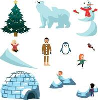 invierno atributos con personas y niños vector