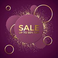 Up to 50 off discount banner with metallic golden sparkling elements on pink background vector