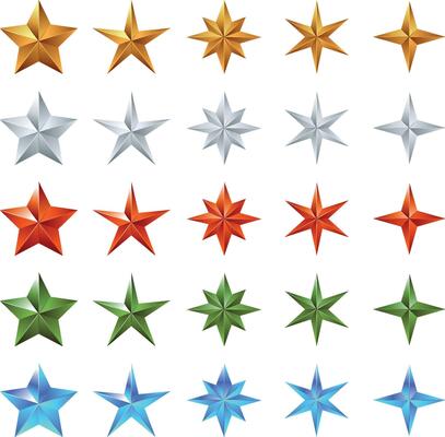 Set of 5 stars in different bright colors isolated on white background