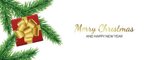 Christmas and New Year card with christmas tree branches and red gift with gold ribbon isolated on white background vector