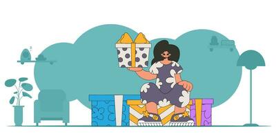 90s style. The girl is holding two gifts in her hands. A woman sits on gift boxes. Holiday surprise concept. vector