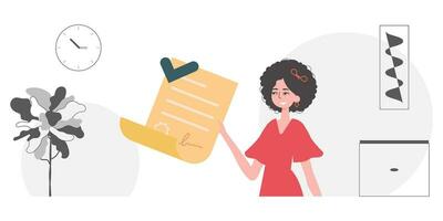 Data protection concept. Smart contract. The girl is holding a document. vector