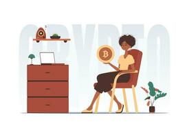 el concepto de minería y extracción de bitcoin un mujer se sienta en un silla y sostiene un bitcoin en el formar de un moneda en su manos. personaje en moderno de moda estilo. vector