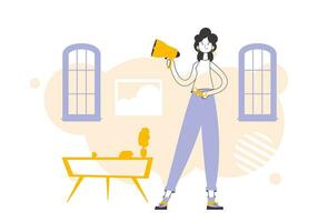 The girl is holding a bullhorn and binoculars in her hands. Job Search Theme. H.R. Linear trendy style. vector