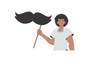 A man holds a mustache on a stick. Cartoon style. Isolated on white background. Vector illustration.