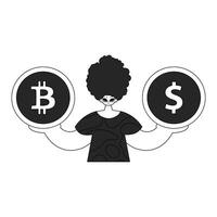 A unique man holds a coin of bitcoin and dollar in his hands. Newspaper black and white style. vector