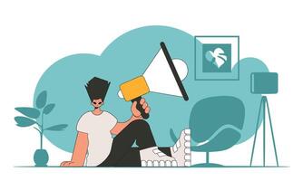 illustration of a human resources specialist. An attractive man sits on the floor and holds a megaphone in his hand. vector