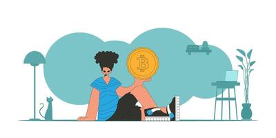 The guy is holding a bitcoin coin. Cryptocurrency theme. vector