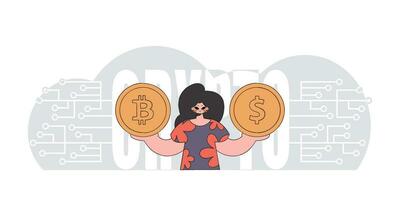 Girl is holding bitcoin and dollar. Cryptocurrency concept. vector