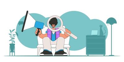 Stylized vector illustration of a HR representative. A young man sits in a chair and holds a megaphone.