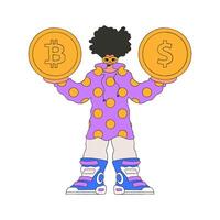 The guy is holding dollar and bitcoin. Character Trendy retro style. vector