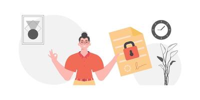 Smart contract concept. Data protection. A man is holding a contract or document. vector