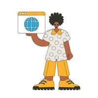 A bright and stylish illustration of a boy using a web browser. Marketing materials. vector