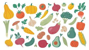 Simple doodle vegetables. Vegan diet grocery products, healthy food cooking ingredients hand drawn vector illustration set