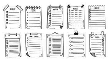 Doodle checklist. Hand drawn to do list, today tasks and sketch weekly planner. Clipboard with bullet list, notes page with check and tick vector set