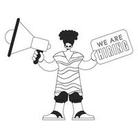 An experienced HR specialist man holds a megaphone in his hands. HR topic. Linear black and white style. vector