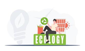 A man sits next to a package of proper food and holds an EKO icon. The concept of ecology, recycling and green planet. Trend style, vector illustration.