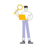 The guy holds a magnifying glass and a laptop in his hands. Job Search Theme. H.R. Linear trendy style. Isolated. Vector. vector