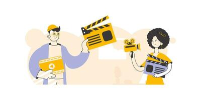 Guy and girl video bloggers. Linear style. Vector. vector