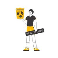 A man is holding a trash can. Waste recycling concept. Linear style. Isolated on white background. illustration. vector