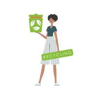 The girl is depicted in full growth and holds an urn in her hands. The concept of ecology and recycling. Isolated on white background. Vector illustration Flat trendy style.