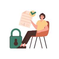 The man sits in a chair and holds a document in her hands. Data protection. vector