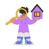 A male realtor holds a house and a magnifying glass in his hands. Real estate home property. vector