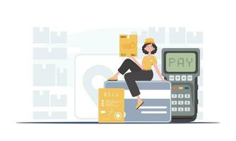 Home delivery concept. A woman courier sits on a bank card and holds a parcel. Trendy flat style. Vector. vector
