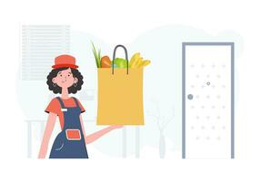 Delivery concept. A woman delivers a package of products. Trendy flat style. Vector. vector