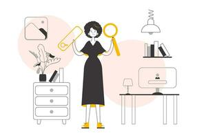 The girl is holding a magnifying glass in her hands. Search concept. Linear trendy style. Vector. vector