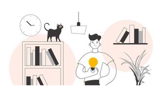 Guy and light bulb. Idea concept. . Lines modern style. vector