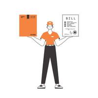 A man holds a parcel and a check in his hands. The concept of the delivery of goods and parcels. Linear style. Isolated on white background. illustration. vector
