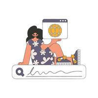 The girl sits on the search line and holds a browser window in her hands. Search for information. Linear retro style character. vector