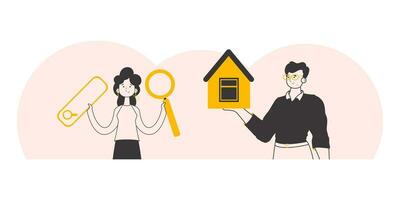 Realtor team. The concept of searching, buying and selling real estate. Minimalistic linear style. Vector illustration.