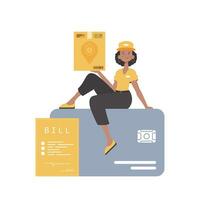 A woman courier sits on a bank card and holds a box. Home products. Food delivery. Isolated. Cartoon style. Vector. vector