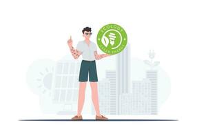 The concept of green energy and ecology. A man holds the ECO logo in his hands. trendy style. Vector illustration.