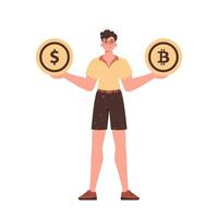 el chico sostiene en su manos bitcoin y dólar en el formar de monedas personaje en moderno de moda estilo. vector