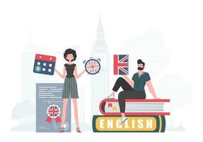 The concept of learning English. Woman and man English teachers. Trendy cartoon style. Illustration in vector. vector