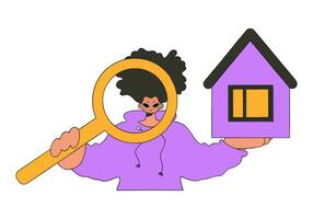 Male real estate agent holding a house and a magnifying glass. Real estate home property. vector