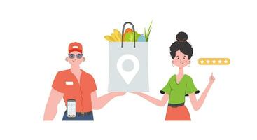 A male courier delivers a package of products. Home products. Food delivery. Isolated. Cartoon style. Vector. vector