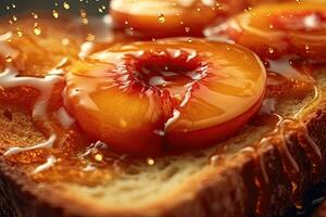 peach toast, macro shot of a fresh breakfast with Dripping Honey, AI Generated photo