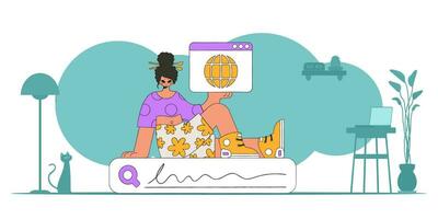 The concept of searching for information. The girl sits on the search line and holds a browser window in her hands. Linear retro style character. vector