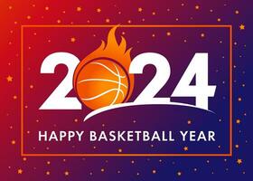 contento baloncesto año 2024. deporte símbolo con baloncesto pelota en fuego. nuevo año bandera. Deportes idea vector