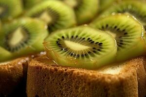 kiwi tostada, macro Disparo de un Fresco desayuno con goteo Miel, ai generado foto