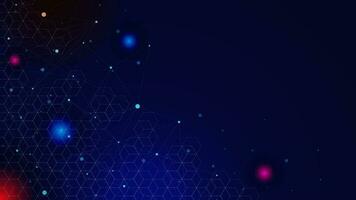 Abstract geometric with hexagons pattern and glowing particles on dark blue background for modern technology concept design. Vector illustration.