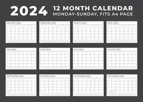 Calendar template for 2024. Monday to Sunday. 12 Month Calendar. Blank Calendar Months. Fit A4 Pages. Stationery design. Vector illustration.